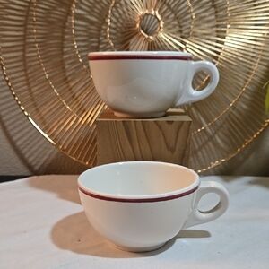 Vintage Walker China Restarant Ware White Ceramic Cups with Red Trim.